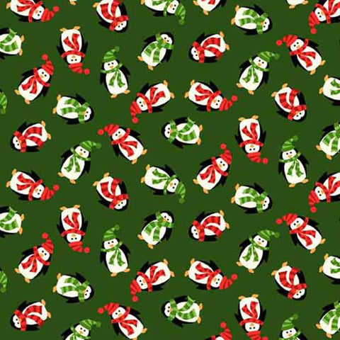 Mini Christmas Penguins Green Cotton Fabric by Makower 1302/G, Novelty Collection