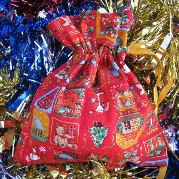 Christmas Large Drawstring Bags, Handmade Xmas Cotton Lined Gift Bags