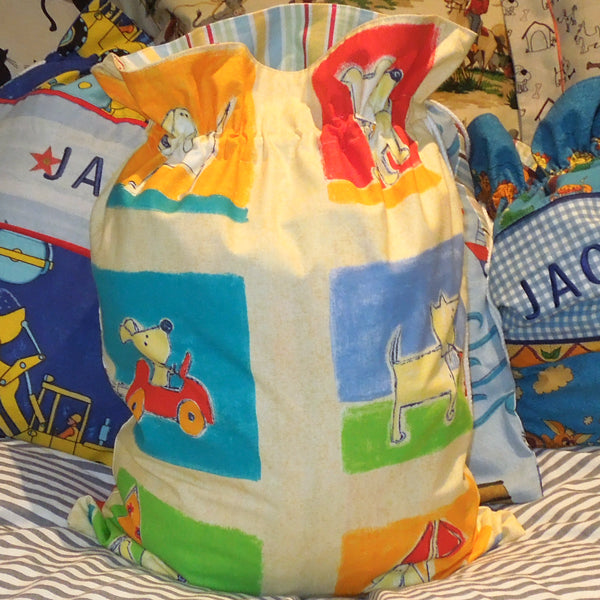 Child's Yellow Dogs Personalised Toy Sack Handmade in Pure Cotton and Fully Lined