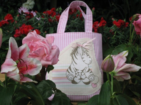 Kid's Zebra Bucket Tote handmade in pink cotton gingham and fully lined. Children's Animal Applique Shopping Bag